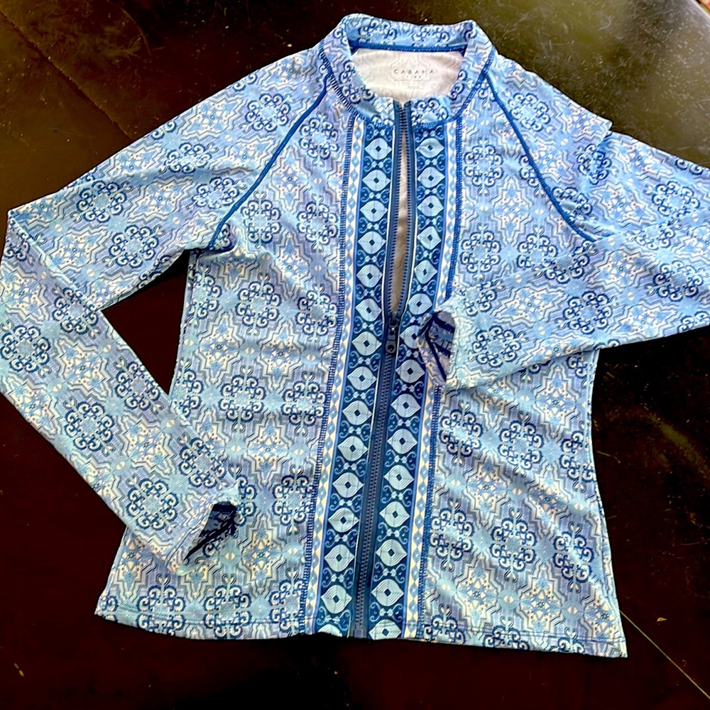 Cabana Life zipup rashguard. Size Large. Lightly worn. Navy & light blue print.
